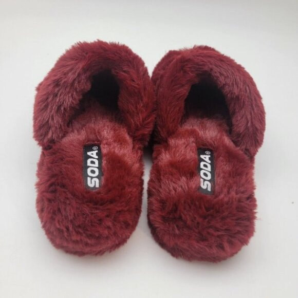 Women's Burgundy Faux Fur Slipper Fuzzy Warm Fluffy Slip On Slide Sandal - Picture 5 of 6